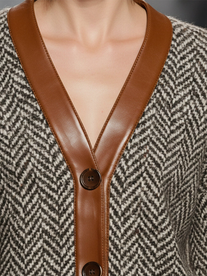 Veste Herringbone Élégante avec Accents en Similicuir Vintage
