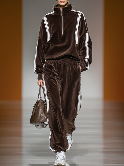 Ensemble Sportif Rétro : Sweat-shirt à Col Montant Zippé et Pantalon Contrasté