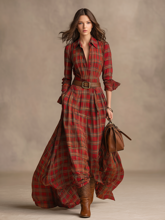 Maxi Robe Longue à Col en Tartan Vintage