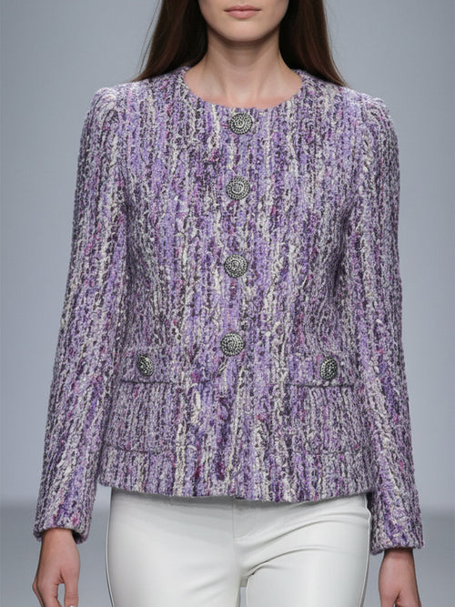 Veste courte en tweed violet à col rond avec boutons élégants