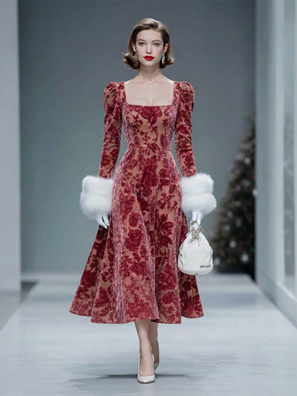 Robe Midi en Velours Dévoré Rose avec Col Carré en Fourrure Luxueuse