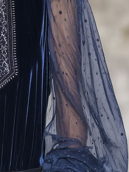 Chemise en Velours Bleu Rétro à Col Montant Luxe avec Manches Longues en Organza