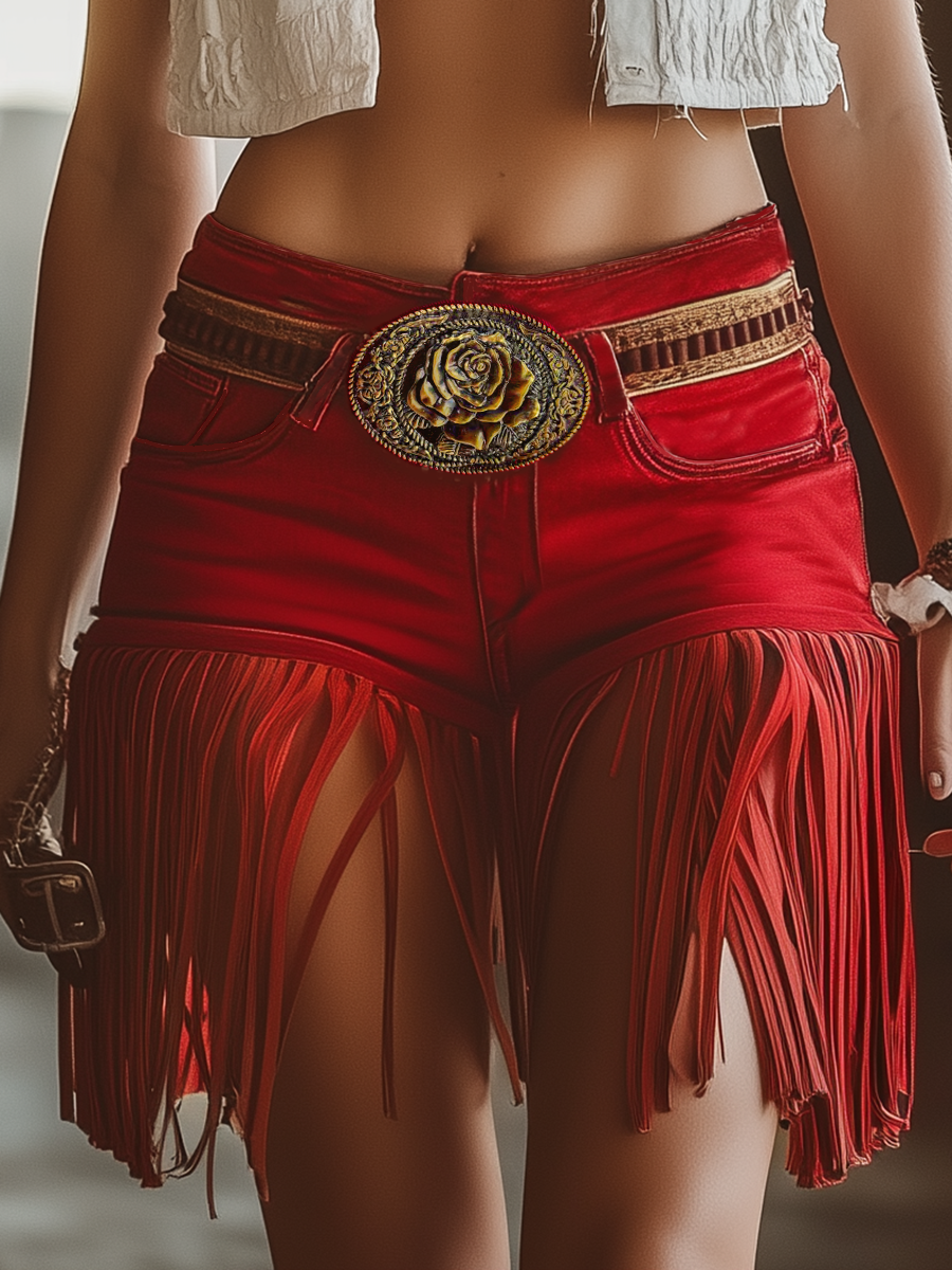 Shorts Frangés Vintage Western Rouges - Expédition en 24 Heures!