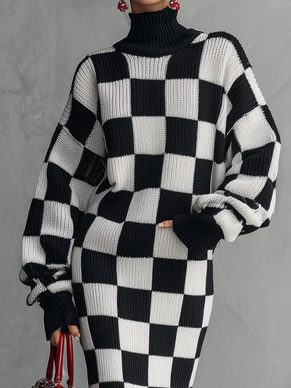 Robe Midi Tricotée à Motif Damier Noir et Blanc : Élégance Rétro et Tendance