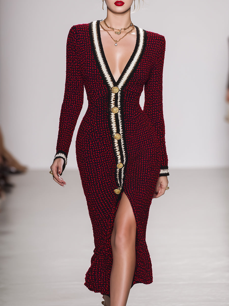 Robe Maxi Tricotée V-Cou Boutonnée Rouge et Noir - Style Rétro Élégant