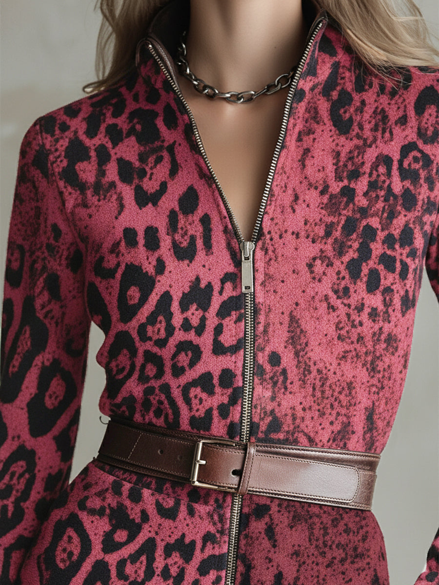 Robe Maxi en Suédine Imprimé Léopard Rose avec Ourlet en Dentelle Vintage Style Western