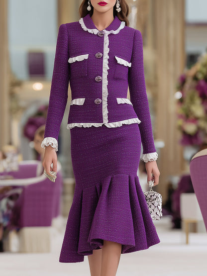 Élégant Ensemble en Tweed Violet avec Jupe et Volants Blancs