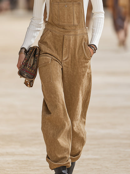 Retro Western Brown Casual Overalls