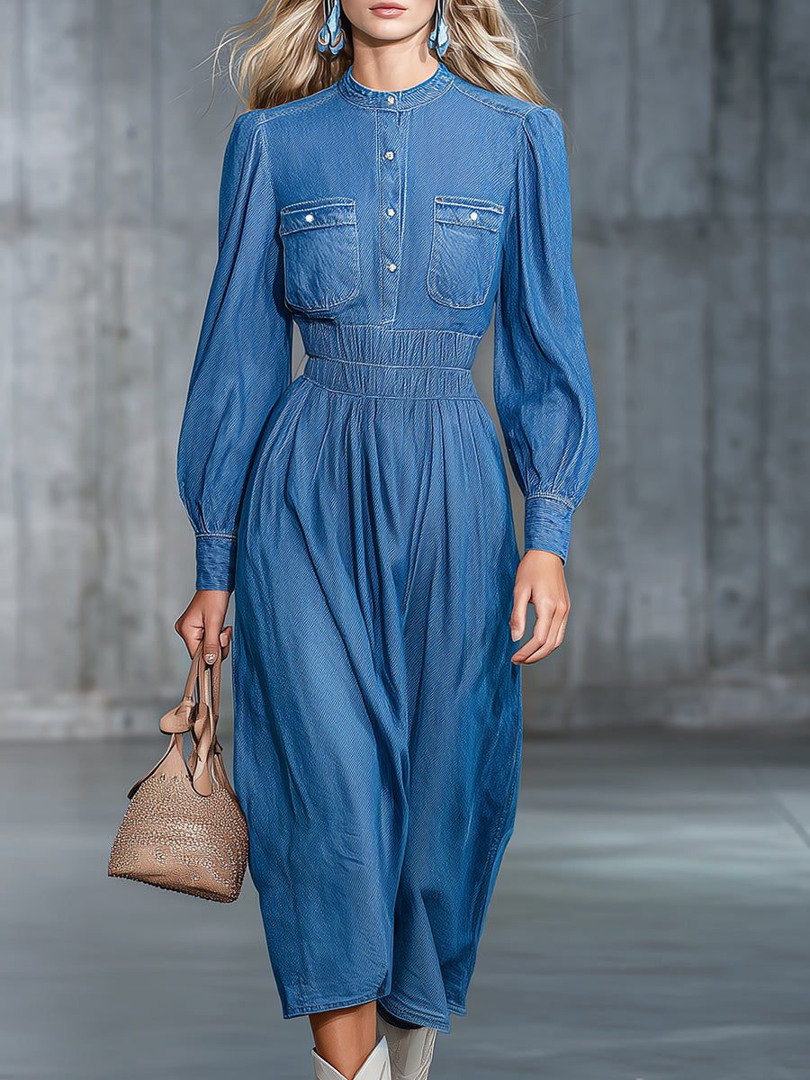 Robe Midi en Denim à Col Rond avec Taille Élastique Confortable