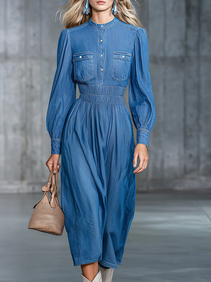 Robe Midi en Jean à Encolure Ronde - Confort Élastique et Style Décontracté