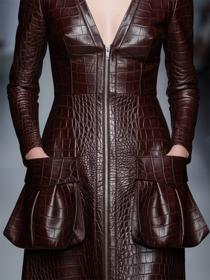 Robe Midi en Cuir PU Rouge Brun à Motif Crocodile avec Décolleté en V et Zip Chic
