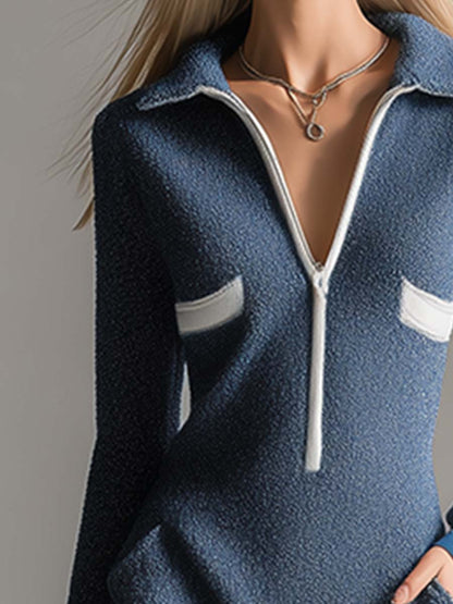 Robe Maxi en Polaire Douce - Décolleté en V, Élégante et Confortable en Bleu