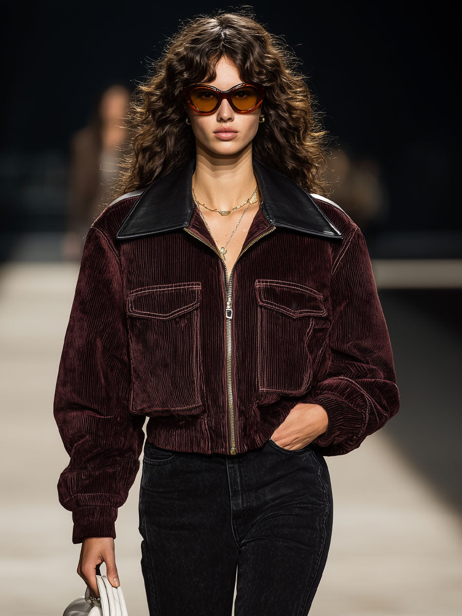 Veste zippée en velours côtelé avec col carré en cuir synthétique