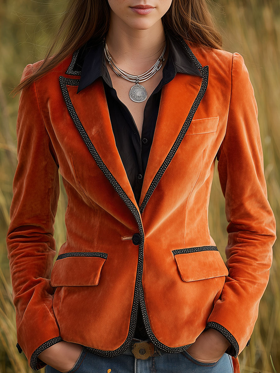 Veste Vintage en Velours Orange avec Patches Distinctifs