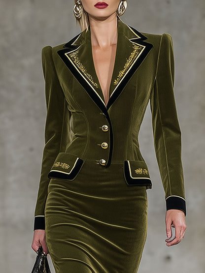 Robe Midi Rétro en Velours Vert avec Col Revers