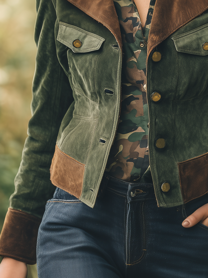 Veste Rétro en Faux Suède avec Coutures Contrastées
