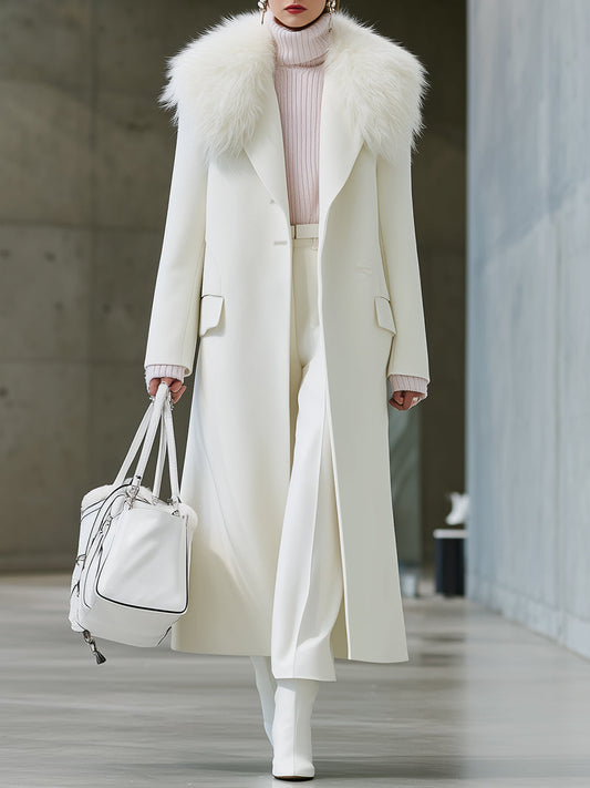 Longue Manteau Écologique en Laine avec Col Blanc Élégant
