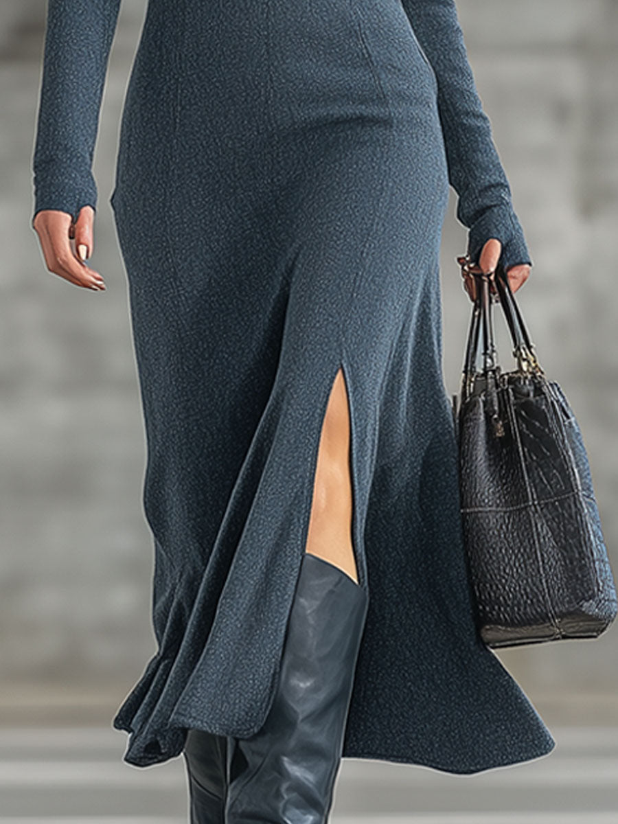 Robe Midi Vintage en Velours Texturé Bleu Foncé avec Capuche et Fente