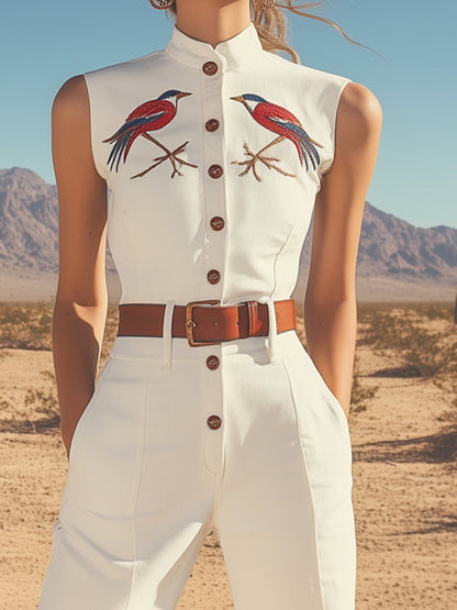 Expédition en 24h : Combinaison Sans Manches à Col Montant Brodé - Style Rétro Western