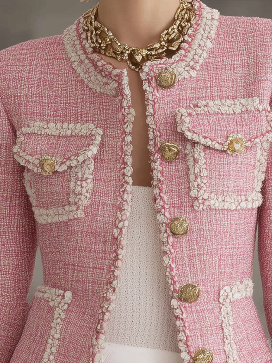 Veste Chic en Tweed Rose avec Détails Blancs et Panneaux Élégants