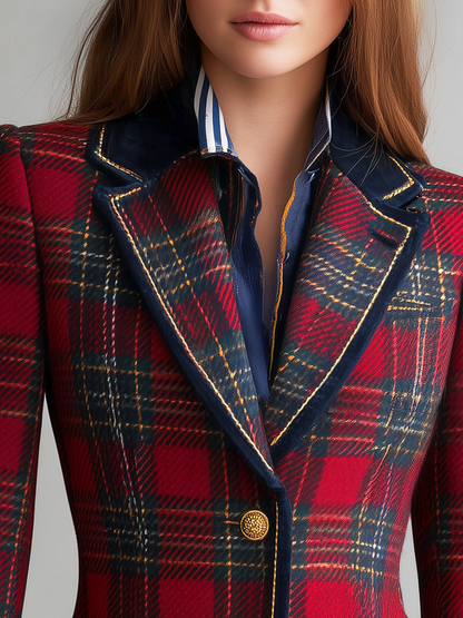 Veste Vintage à Carreaux Classique à Boutonnage Unique