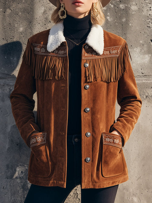 Veste Western en Suédine Brodée avec Col Sherpa