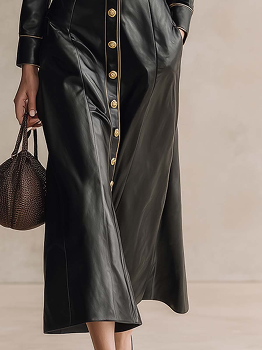 Robe Maxi Noire en PU avec Boutons Frontaux et Col Rétro - Élégance Haut de Gamme