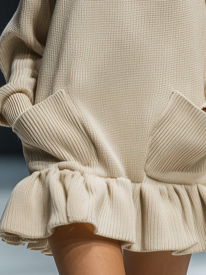 Robe Mini Tricotée en Khaki Léger avec Finition Volante