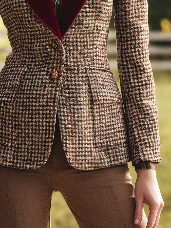 Élégant Blazer Rétro en Velours à Motif Pied-de-Poule à Simple Boutonnage