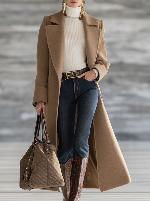 Long Retro Dark Khaki Wool Coat with Oversized Collar