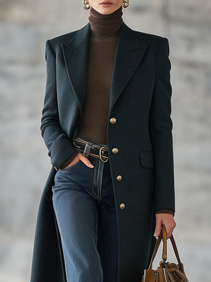 Veste Longue en Laine Verte Foncé au Style Rétro Décontracté