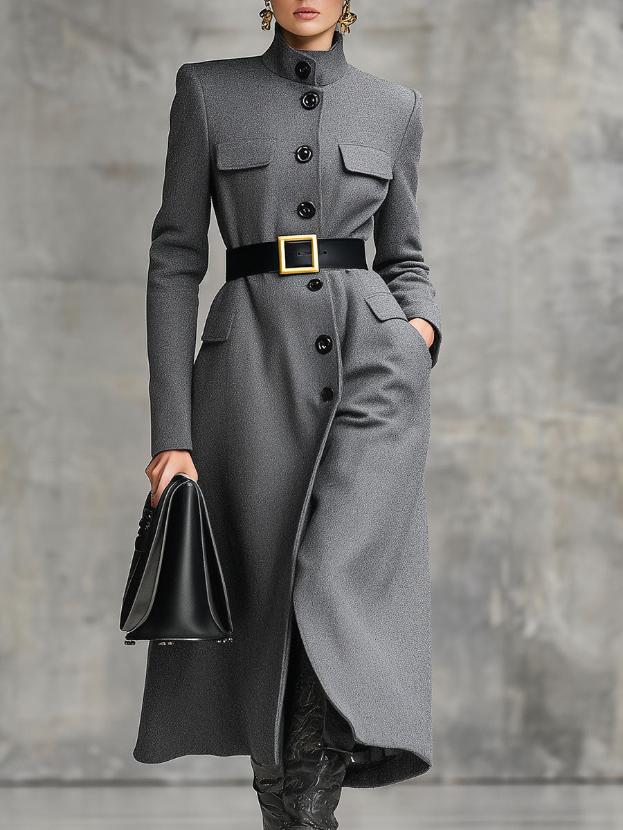 Chic Mi-Long en Laine Grise avec Boutons - Élégance Assurée