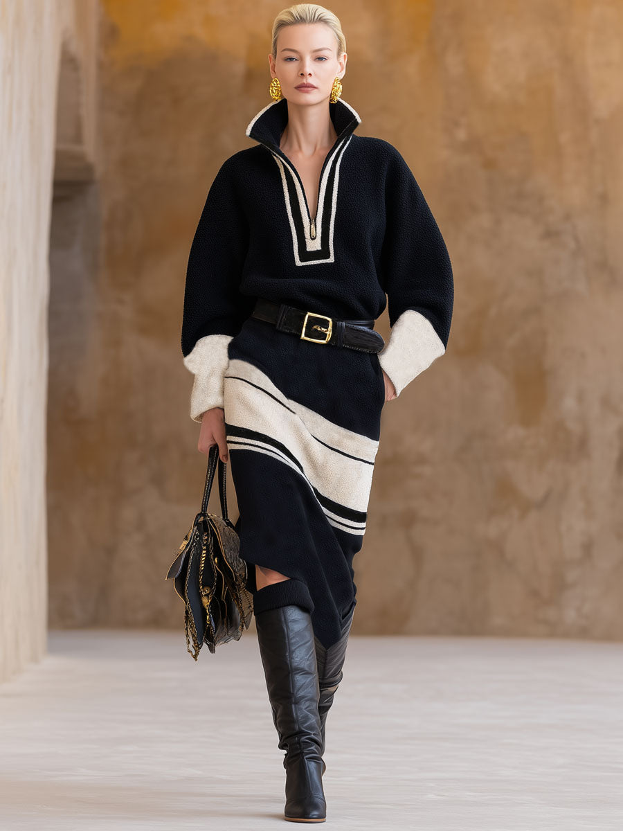 Robe Midi Zippée en Fleece avec Col Montant et Détails Colorés