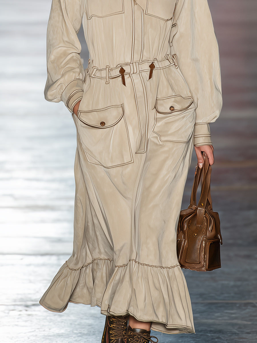 Robe Maxi Décontractée à Capuche Kaki Clair avec Coutures Apparentes et Poches Pratiques