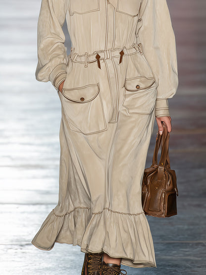 Robe Maxi Kaki Clair à Capuche avec Détails Rétro et Poches Pratiques