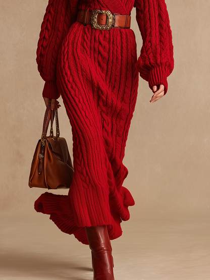 Robe Maxi Tricot à Câbles avec Manches Longues et Décolleté V Rétro