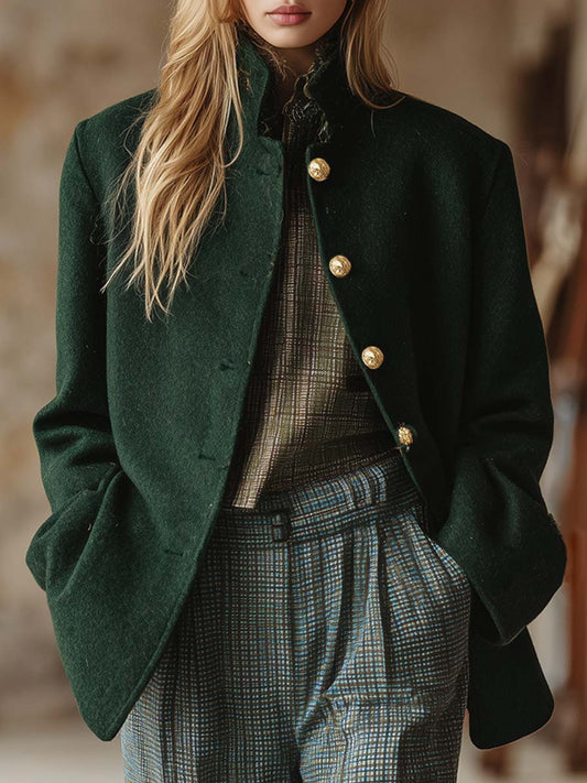 Veste en laine verte à col montant au style rétro