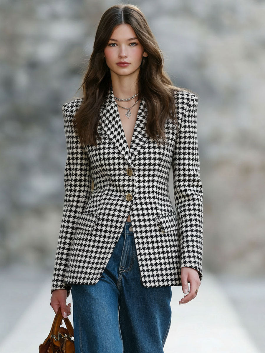 Blazer Pied-de-Poule avec Col Revers Élégant