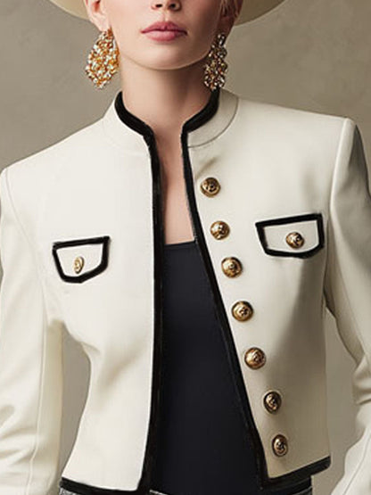 Veste en PU à col montant avec boutonnière simple et accents de couleur contrastée