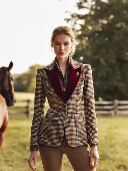 Élégant Blazer Houndstooth à Carreaux avec Revers en Velours Rétro