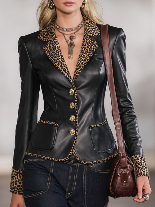 Blazer Casual en Simili Cuir à Boutonnage Unique avec Imprimé Léopard