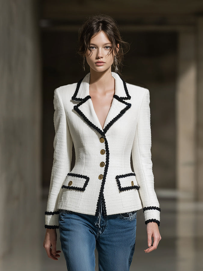 Chic Veste en Laine Blanche avec Détails en Bouton Noir
