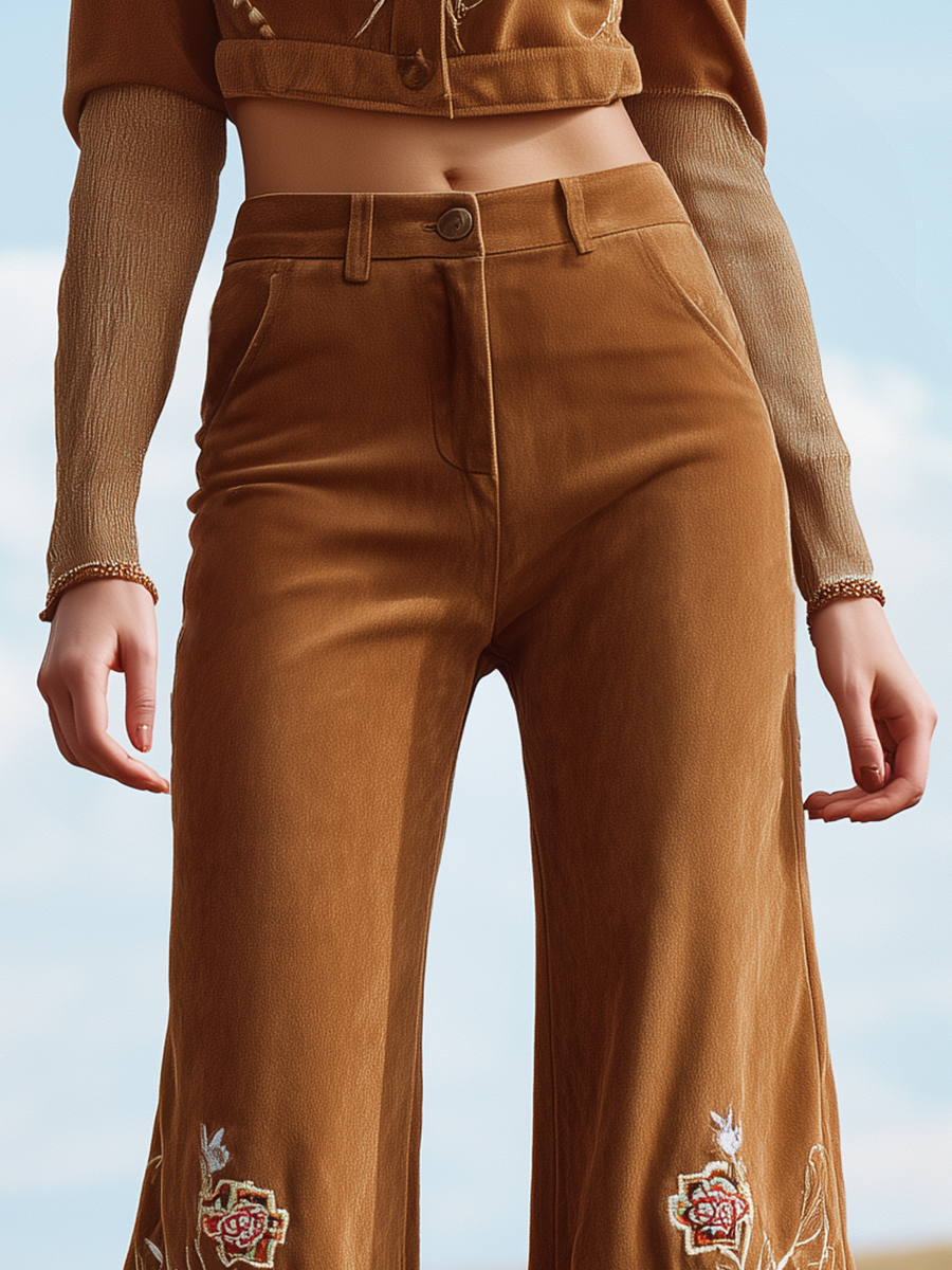Vintage Floral Embroidered Suede Flared Pants
