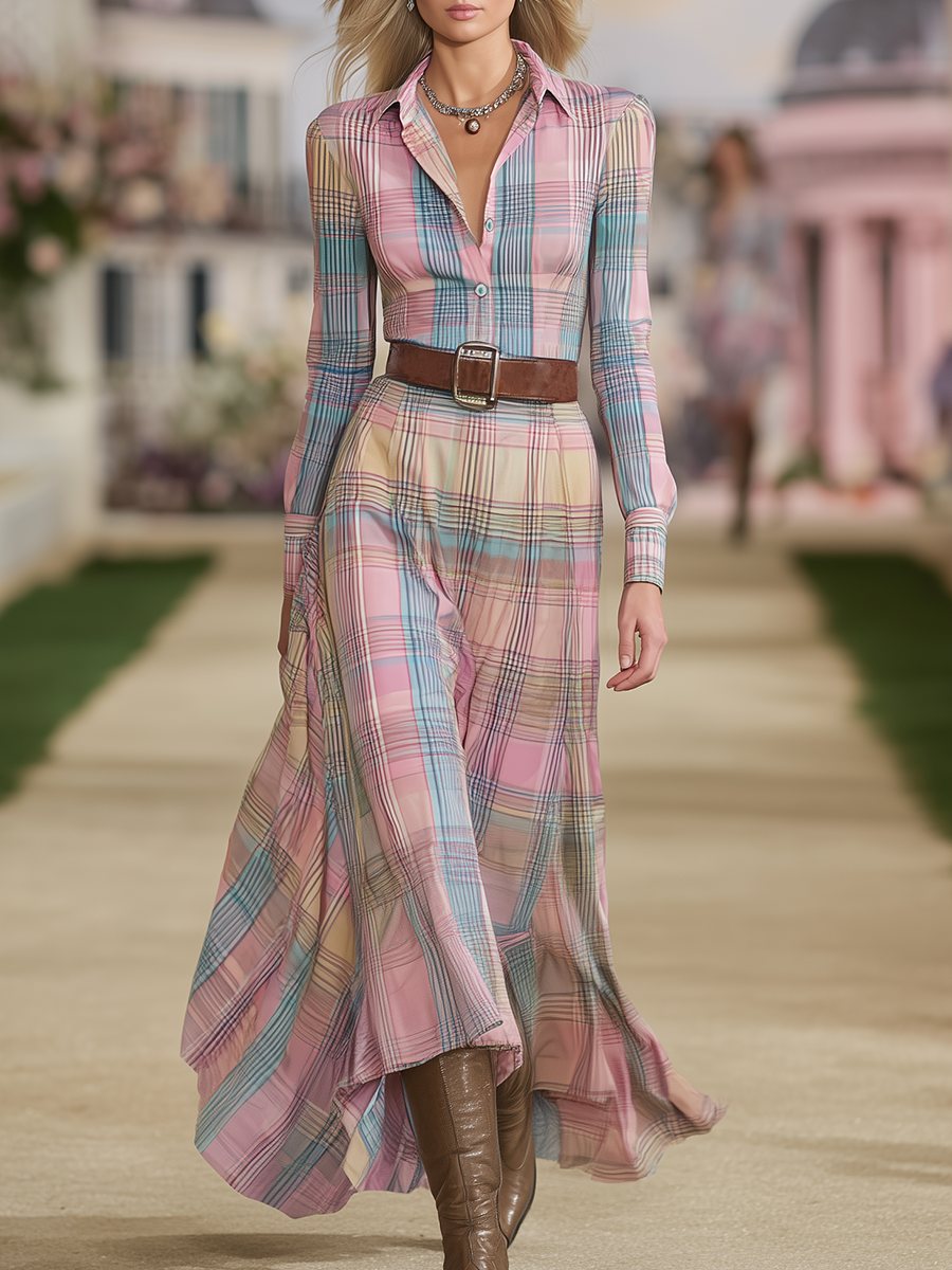 Robe Maxi à Manches Longues en Plaid Western Vintage