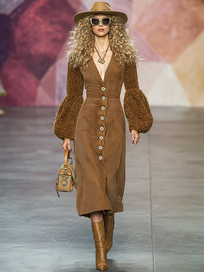 Robe Midi en Velours Côtelé Marron avec Manches en Peluche et Col V Style Western Vintage