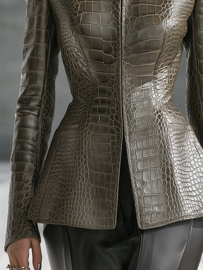 Veste en Similicuir Vert Crocodile à Col Montant Distressé - Élégance Haut de Gamme