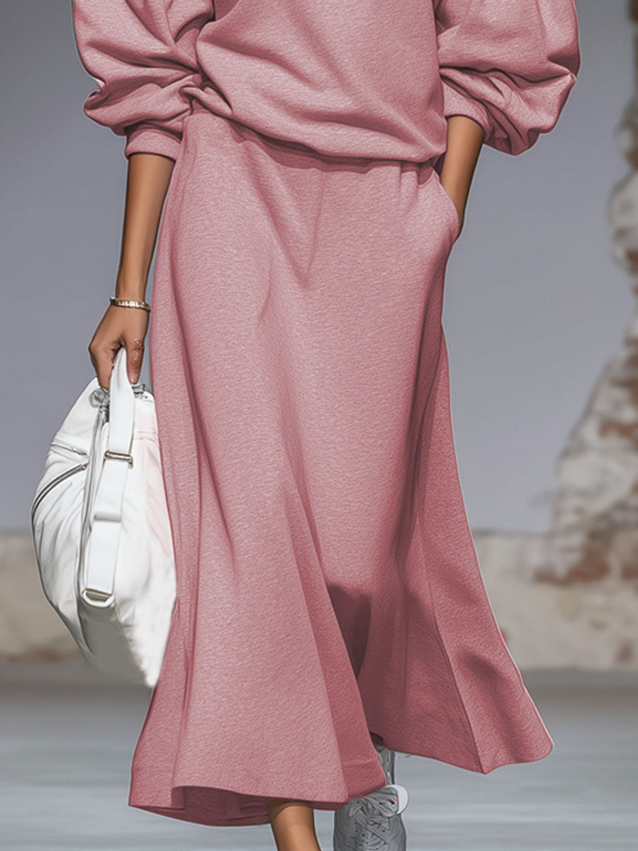 Ensemble Rétro : Sweatshirt Col Rond et Jupe à Manches Bouffantes en Rose