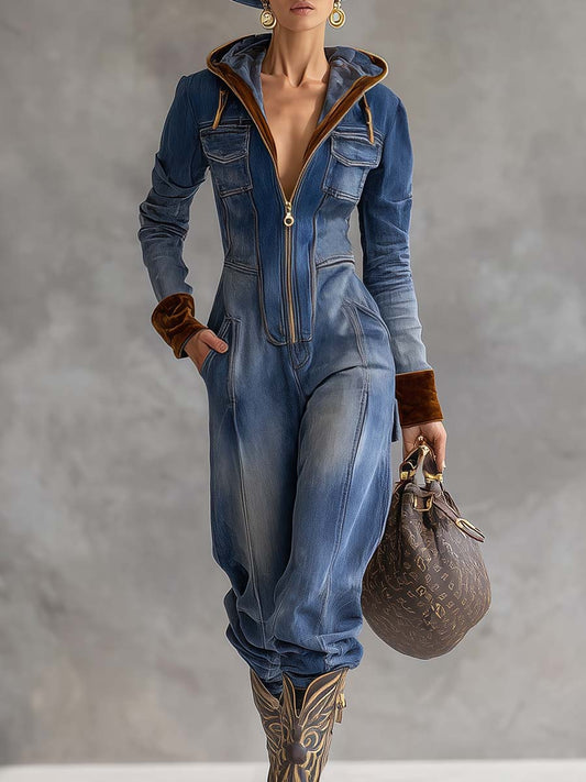 Combinaison Vintage en Jean Bleu avec Capuche, Col en V et Détails en Velours