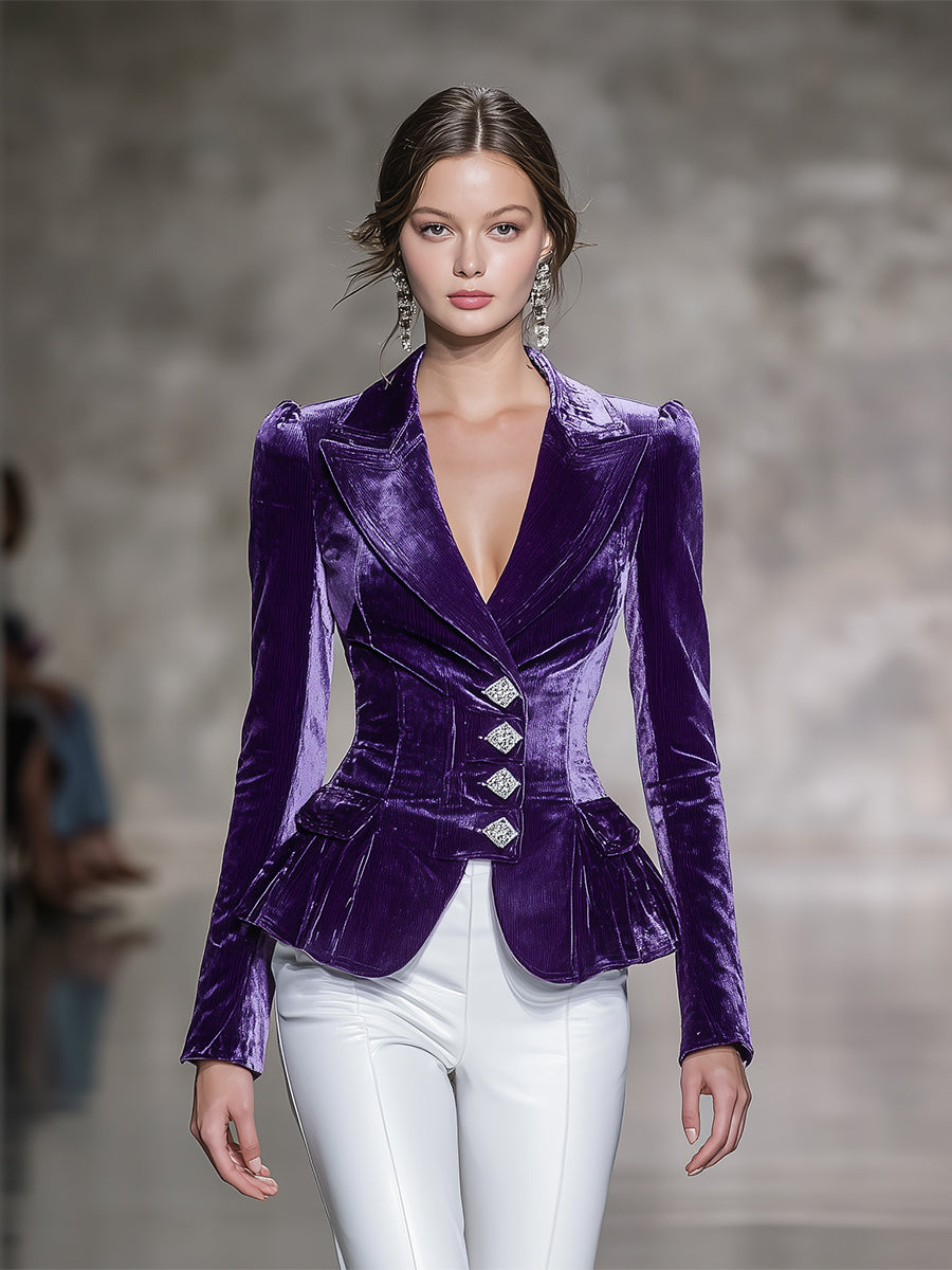 Élégant Blazer en Velours Violet Orné de Boutons Diamant