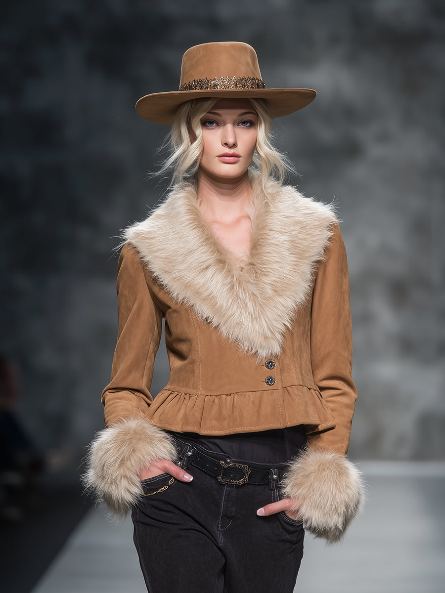 Veste Kaki en Suédine avec Col en Fourrure Rétro et Ourlet Flottant